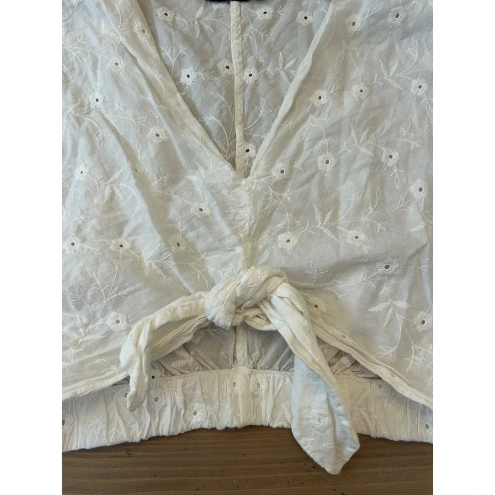 G25 Zara White Eyelet Embroidered Tie Front Crop Top Puff Sleeve Blouse XS